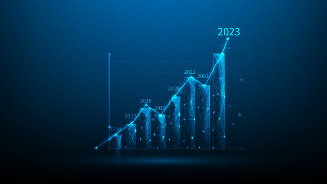 business finance investment graph growth in new year 2023. rising stock chart on blue dark background.