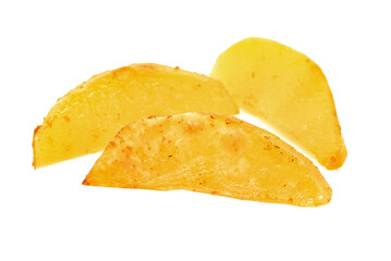 Fried potato wedges on a white plate close-up. Potato isolate
