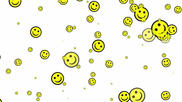 Yellow smiles flying on white background into the view show happiness and joy for funny moments as emoji smile background for cheerful flying smiley symbol as positive emoticon for messages and fun