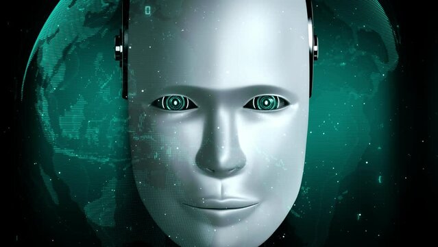 Futuristic robot artificial intelligence huminoid AI programming coding technology development and machine learning concept. Robotic bionic science research for future of human life. 3D rendering.