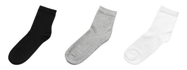 Set with different socks on white background. Banner design