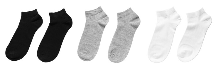 Set with different socks on white background. Banner design