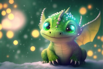 Baby dragon creature, golden and green colors, sparkly scales, generative ai.