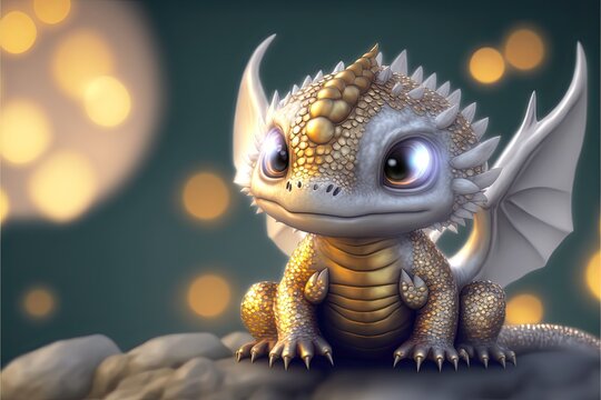 Baby dragon, golden and silver colors, sparkly scales, generative ai.