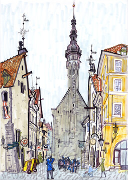 Tallinn Town Hall and old town. Hand drawn sketchy style markers illustration. Historical architecture, Baltic states landmark, tourist attraction, tourism. Estonia, northern Europe.