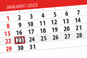 Calendar 2023, deadline, day, month, page, organizer, date, january, monday, number 23