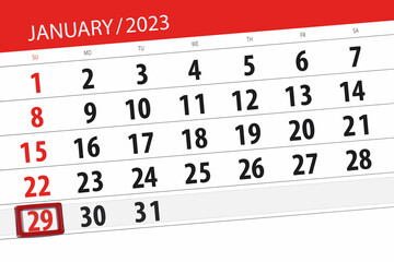 Obraz premium Calendar 2023, deadline, day, month, page, organizer, date, january, sunday, number 29