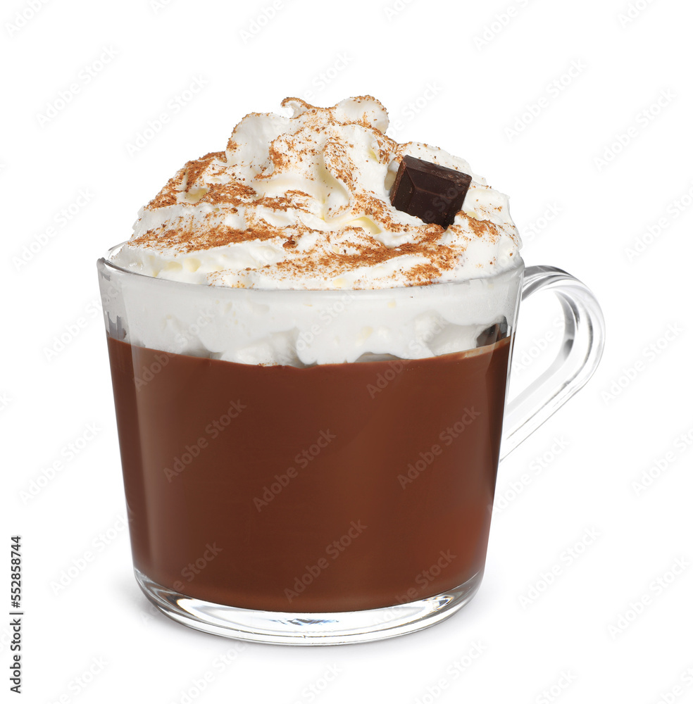 Wall mural Glass cup of delicious hot chocolate with whipped cream on white background