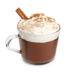 Glass cup of delicious hot chocolate with whipped cream and cinnamon stick on white background