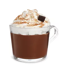 Fototapeten Glass cup of delicious hot chocolate with whipped cream on white background © New Africa