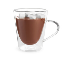Glass cup of delicious hot chocolate with marshmallows on white background