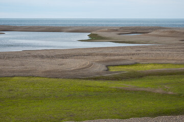 Grass and sand landscape at the Valdes Peninsula coast, Argentina.