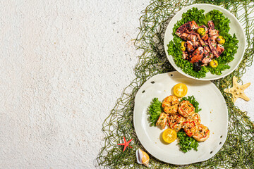 Set of salads with grilled shrimp and octopus, vegetables and spices. Fresh and healthy seafood