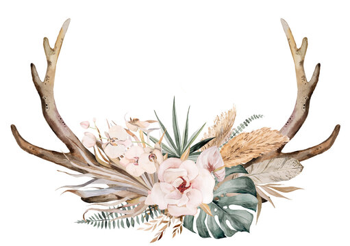  Watercolor deer antlers with with tropical leaves and flowers bouquet, Boho Wedding illustration