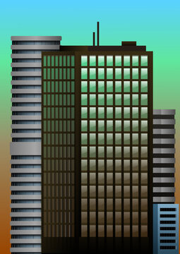 Group of modern city buildings at sunset.  Vector illustration.