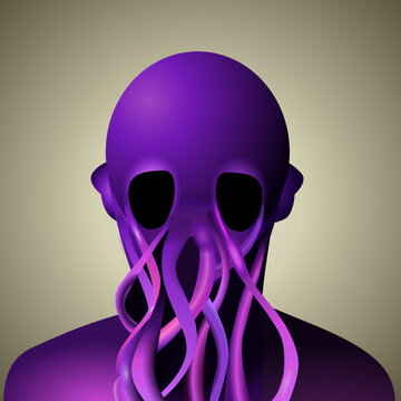 Strange creature head with tentacle. Purple monster. Vector illustration