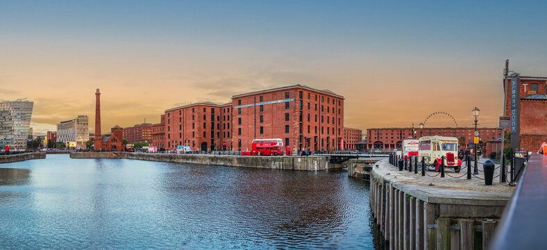 Liverpool, Merseyside, UK - November 22, 2022: Panoramic of Albert Dock on a warm winter day with a blue sky