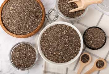 Bowl and spoon with chia seeds, closeup.Superfood. Healthy food. Diet. The concept of proper nutrition. antioxidant. Place for text, space for copy.