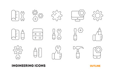 set of 15 flat empty outline icons with engineering or mechanic theme (gears, tools, cogs, nuts, bolts) Minimalistic vector icons 