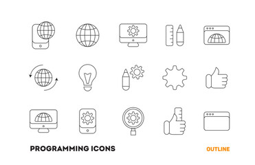 set of 15 flat outline icons with programming or web development theme (pc, tools, phone, apps, settings, design) Minimalistic vector icons 