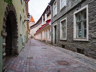 Fototapeta na wymiar Tallinn, Estonia - Sep, 2022: View of Tallinn medieval old town, St. Catherine's Passage formerly known as Monk's Alley, with many 15th-17th century buildings , Europe
