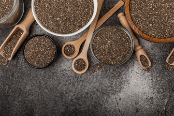 Bowl and spoon with chia seeds, closeup.Superfood. Healthy food. Diet. The concept of proper nutrition. antioxidant. Place for text, space for copy.