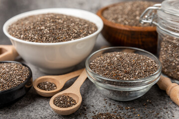 Bowl and spoon with chia seeds, closeup.Superfood. Healthy food. Diet. The concept of proper nutrition. antioxidant. Place for text, space for copy.