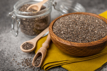 Bowl and spoon with chia seeds, closeup.Superfood. Healthy food. Diet. The concept of proper nutrition. antioxidant. Place for text, space for copy.