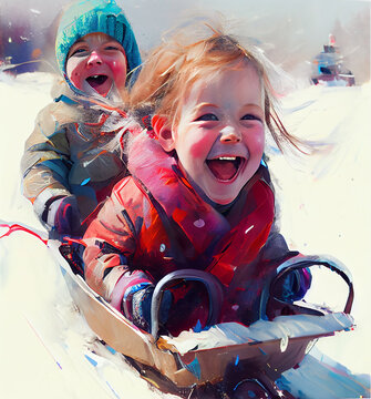 Children snow sledding