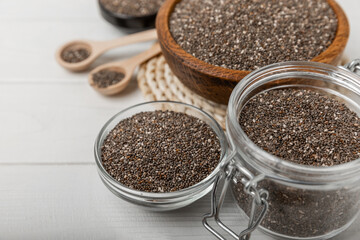Bowl and spoon with chia seeds, closeup.Superfood. Healthy food. Diet. The concept of proper nutrition. antioxidant. Place for text, space for copy.