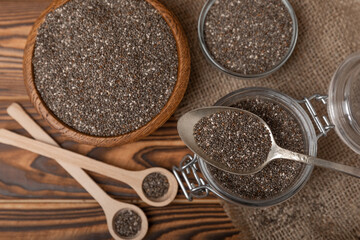 Bowl and spoon with chia seeds, closeup.Superfood. Healthy food. Diet. The concept of proper nutrition. antioxidant. Place for text, space for copy.