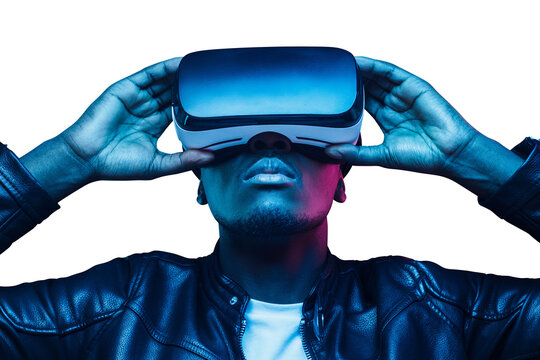 Portrait of african man in neon light wearing virtual reality headset, experiencing metaverse