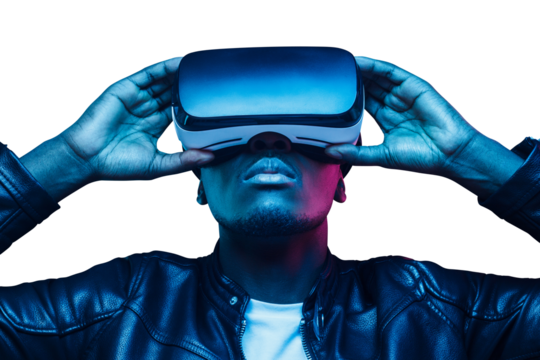 Portrait of african man in neon light wearing virtual reality headset, experiencing metaverse