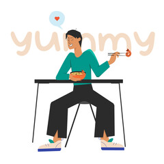 Fototapeta premium Young man sitting at the table and eating miso soup popular korean food and holding shrimp in chopsticks. Food concept. Vector stock illustration isolated on white background in flat style