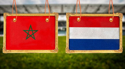 hanging photo wooden frame with Morocco vs France flags - semi-finals football match