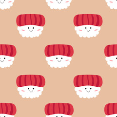Cute seamless pattern with asian japanese concept tuna nigiri with faces