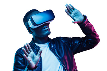 African man wearing virtual reality headset at night in neon lights, moving his arms in metaverse