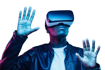African man playing video game with virtual reality headset, trying to touch something with hands in metaverse