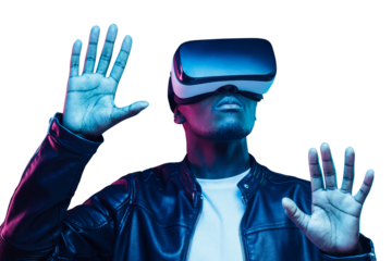 African man playing video game with virtual reality headset, trying to touch something with hands in metaverse