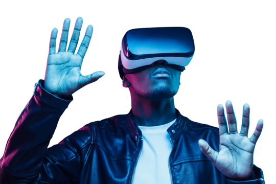 African man playing video game with virtual reality headset, trying to touch something with hands in metaverse