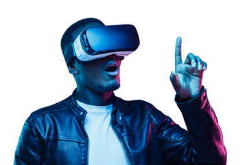 African man in neon light pointing with finger in virtual reality or metaverse