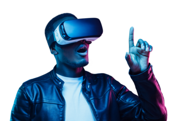African man in neon light pointing with finger in virtual reality or metaverse