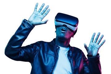 African american man shocked with virtual experience and spreading hands in metaverse world