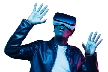 African american man shocked with virtual experience and spreading hands in metaverse world