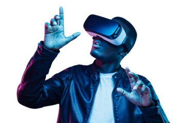 Portrait of african man wearing virtual reality headset, exploring metaverse world