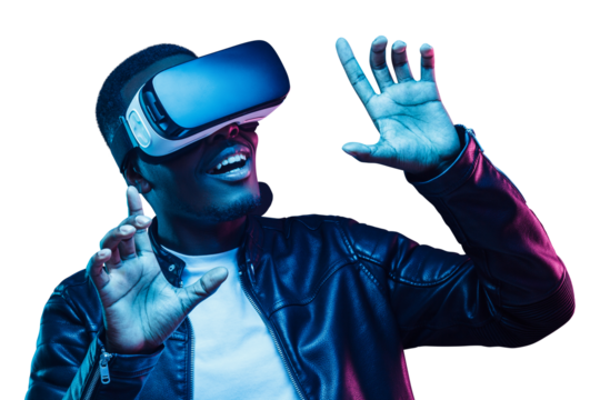 Young african man having virtual reality experience using vr headset in metaverse
