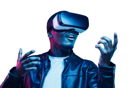 Young african man having virtual reality experience using vr headset