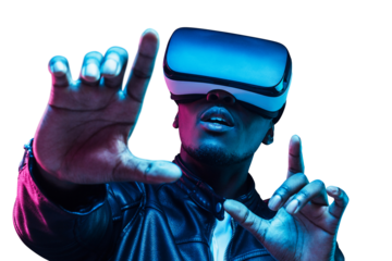 Young african man wearing virtual reality goggles with hands up