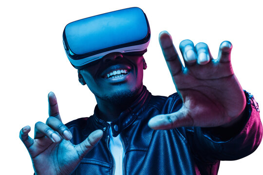 Fototapeta African man wearing virtual reality headset having great fun