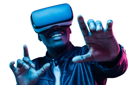 African man wearing virtual reality headset having great fun